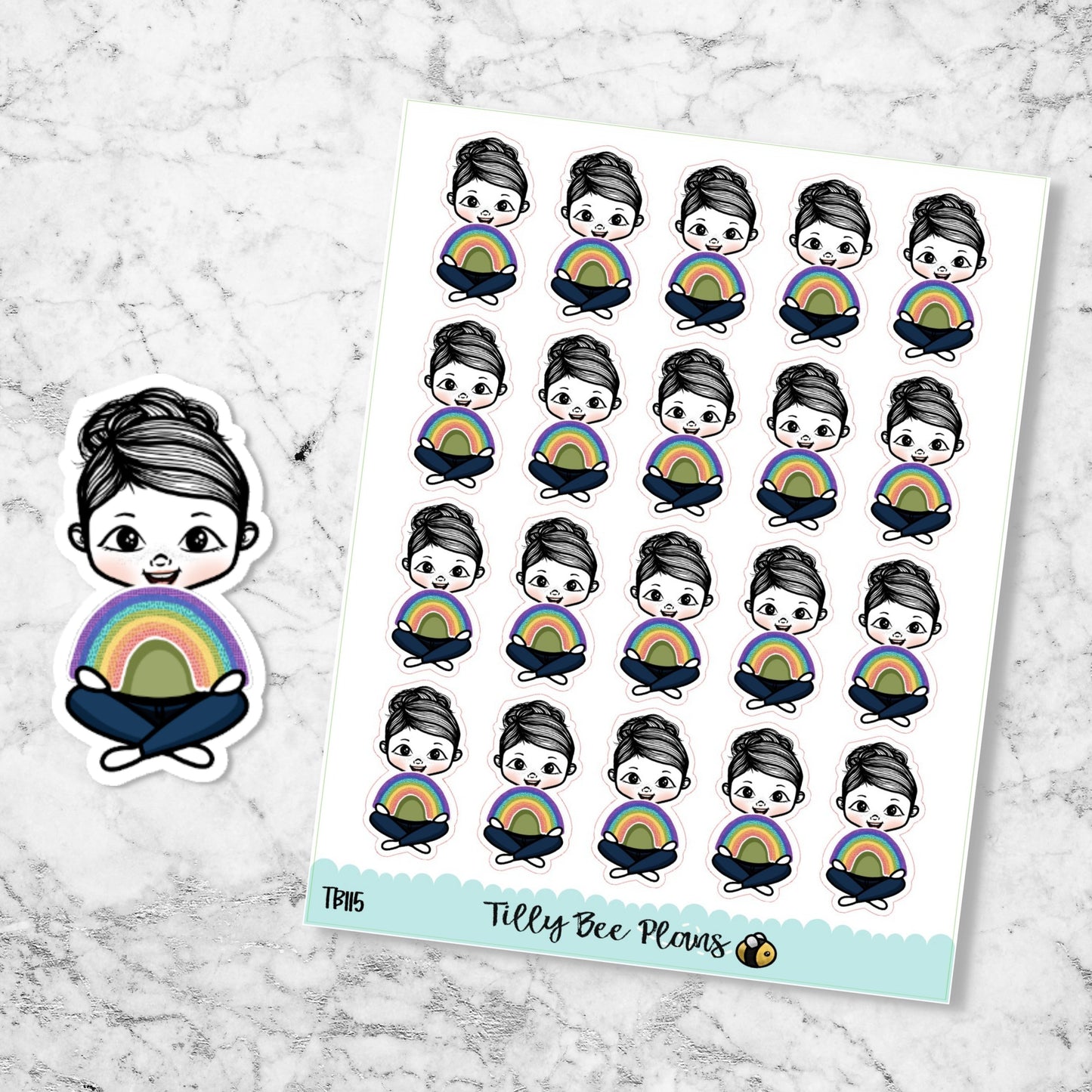 Sticker sheet with girl holding a rainbow.