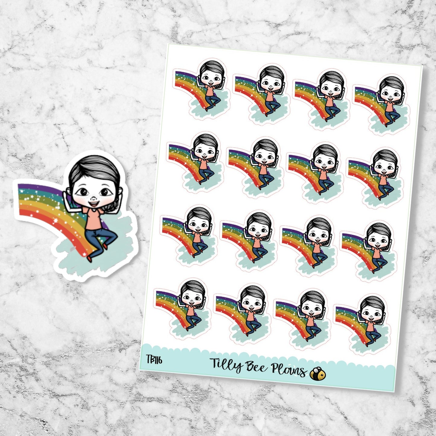 Stickers sheet with girl sliding down a rainbow.